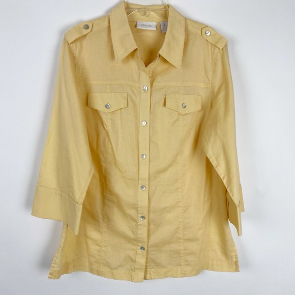 Chico's Tops - Chicos Ripstop Utility Epaulet Button Down Shirt Womens 8 Chicos 1 Pale Yellow